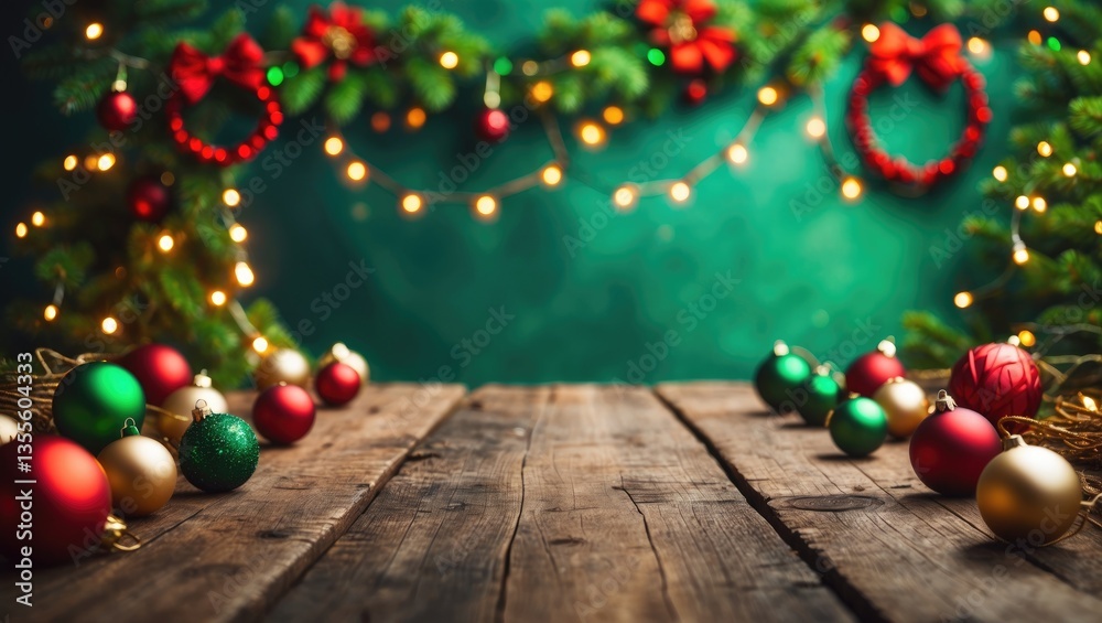 Poster an unoccupied wooden table positioned against a backdrop of festive lights and holiday decorations, 