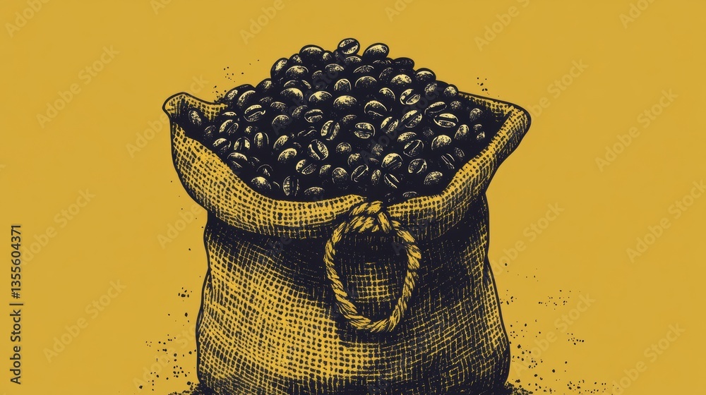 Poster burlap sack overflowing with fresh roasted coffee beans representing coffee production and trade in 
