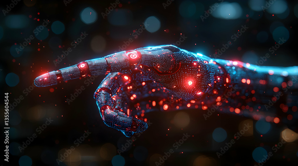 Wall mural a futuristic robotic hand with glowing circuits points. the image suggests technology and ai. it cou