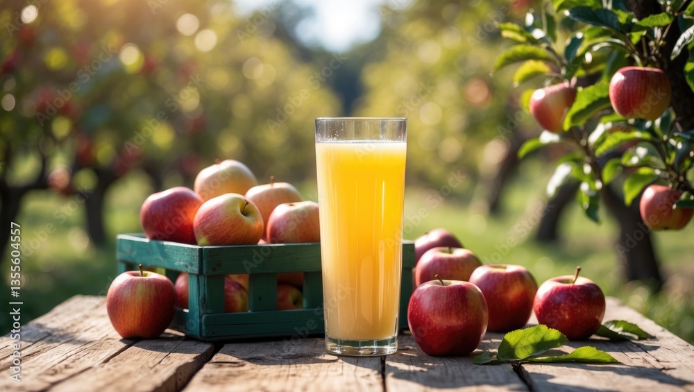 Poster apple crate and glass of juice on wooden table with sunny orchard setting - autumn theme