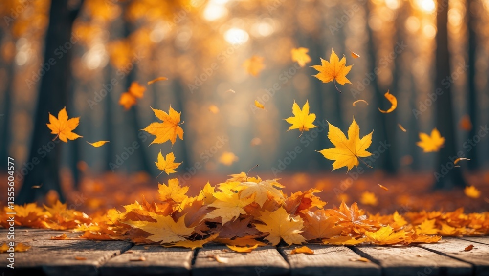 Poster autumn maple leaves on a wooden surface. falling leaves create a natural backdrop.