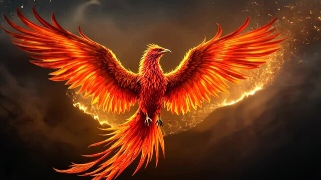 Phoenix's Majestic Ascent: A magnificent phoenix rises triumphantly, its vibrant, fiery plumage ablaze against a dramatic, mystical backdrop. Capture the essence of renewal, strength.