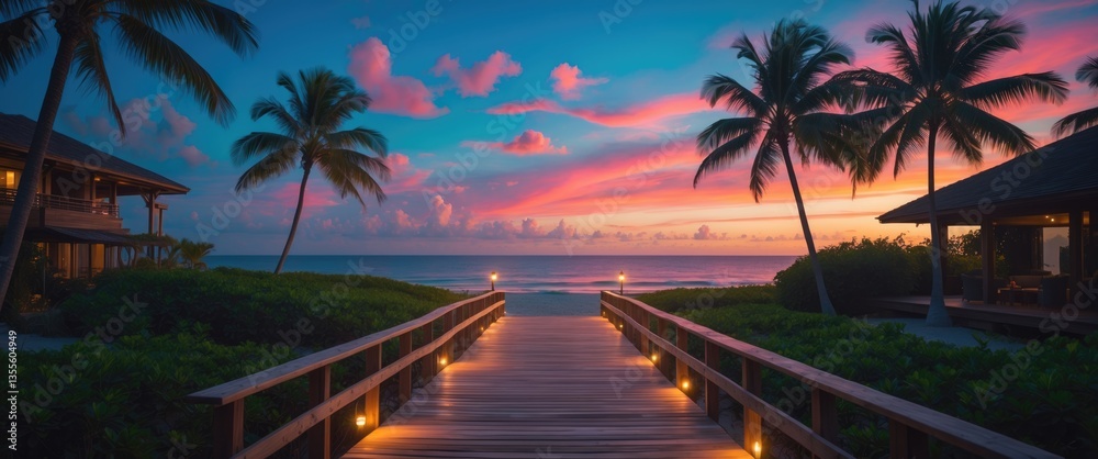 Aufkleber stunning sunset panorama at luxury resort villas seascape illuminated by soft led lights beneath a c