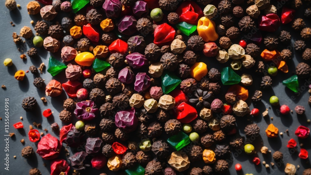 Poster Assorted peppercorns displayed in a vivid range of colors seen from above.