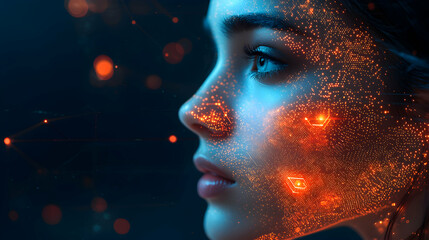 A portrait of a woman's face with a digital overlay representing technology and data processing. Suggests AI or futuristic concepts.