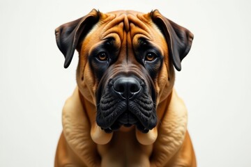 Obraz premium Imposing mastiff head shot, intense gaze, pure white backdrop, fur, dog photography