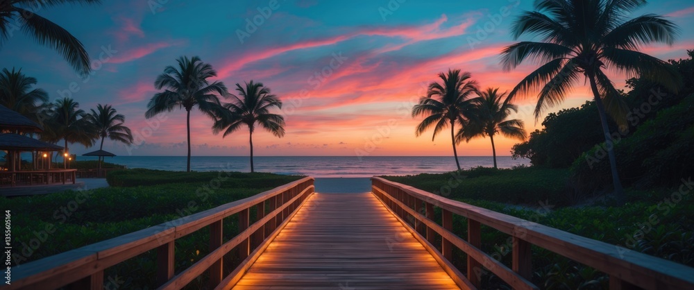 Poster Amazing sunset panorama at luxury resort villas with a seascape illuminated by soft LED lights beneath a colorful sky. Beautiful twilight and vibrant clouds create a stunning beach backdrop for a v...