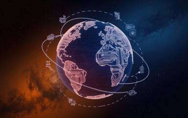 Global Network: A detailed illustration of the earth, enveloped by interconnected lines, suggesting a sophisticated global network
