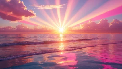 Stickers pour porte Stunning pink sunset with sun rays across the ocean.