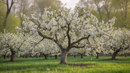 Fototapeta premium Blooming plum tree in an orchard. Fruit tree adorned with white blossoms in a garden.