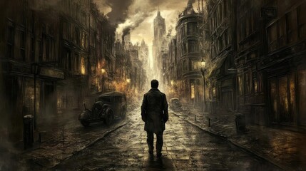 Victorian Era Detective in Smoky London Street.