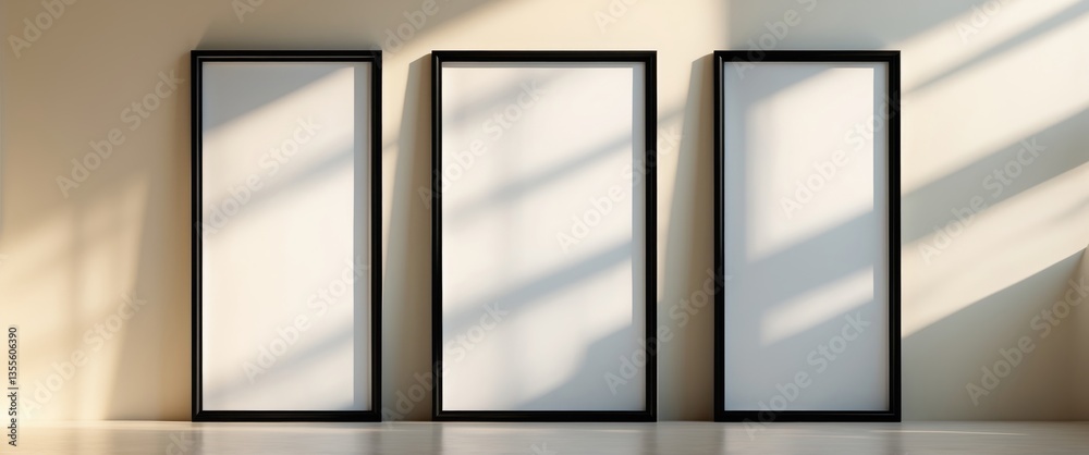Poster artistic mockup template. black vertical frames displayed against a sunlit background. poster presen