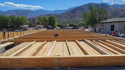 Roof sheathing being laid on a new home, with exposed wooden planks forming the structure.