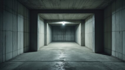 An unoccupied, concrete bomb shelter, nuclear fallout shelter constructed beneath the house. Within an underground bomb shelter or bunker.