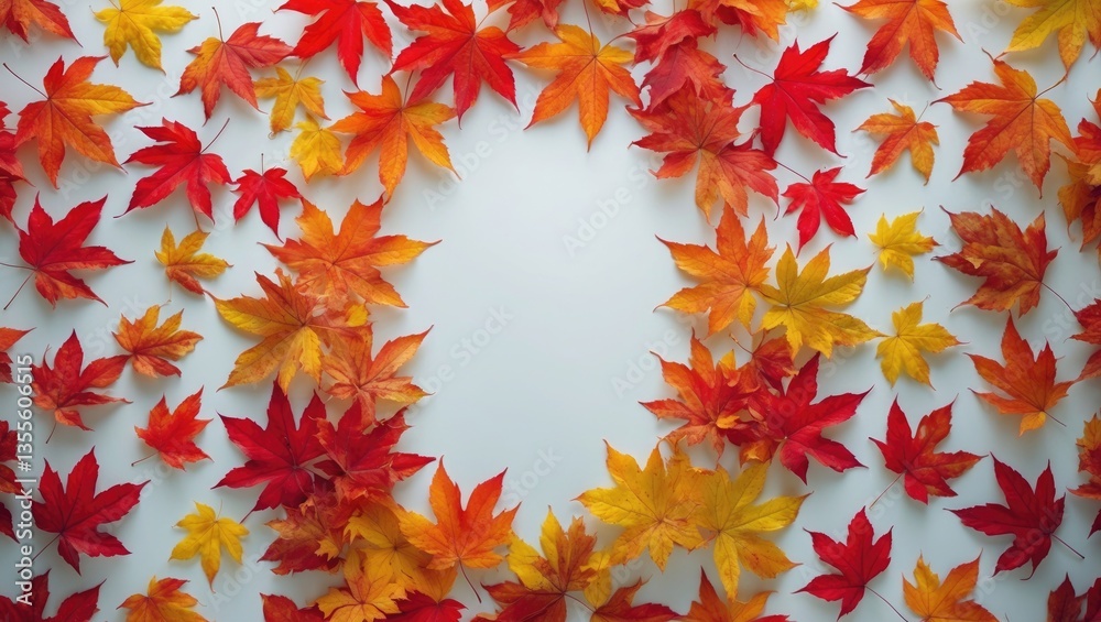 Poster Colorful background featuring autumn maple tree leaves with a blank white space. Background of multicolored maple leaves. Picture with high-quality resolution.
