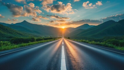 Naklejka premium Asphalt road stretching through green mountains under a sky filled with clouds at sunset.