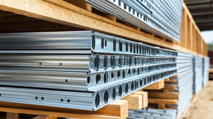 Fototapeta premium Rows of metal studs and framing channels stacked on wooden pallets, showcasing essential materials for drywall and partitions.