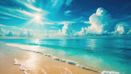 Tropical beach scene featuring a blue sky and white clouds as an abstract texture background.