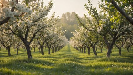 Fototapeta premium Blossoming apple orchard during springtime. Vintage filter applied. World of beauty.