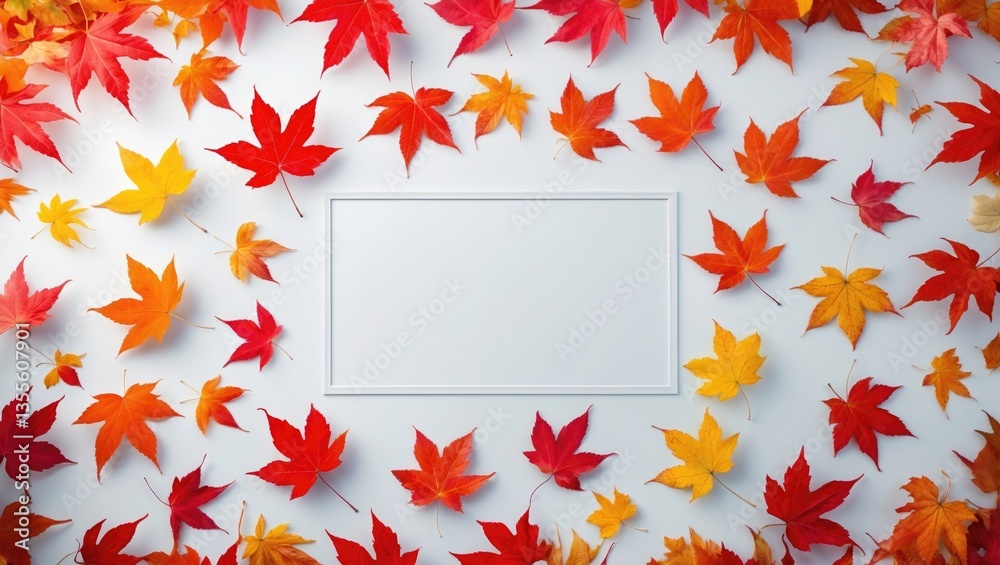 Poster autumnal maple leaves on a light background with room for text. overhead view, flat lay.