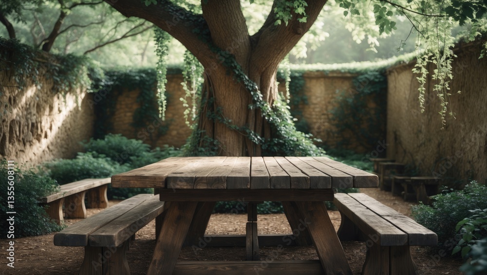 Aufkleber a welcoming wooden picnic table located under the shade of a tree in a tranquil garden, providing a 