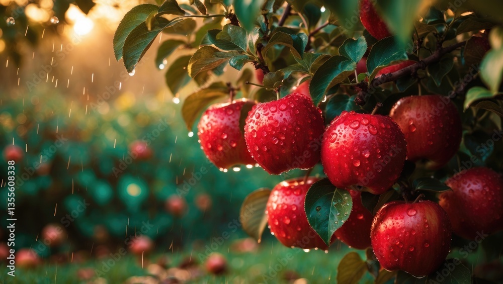 Poster autumn day. rural garden. the frame features ripe red apples hanging on a tree. rain is falling.