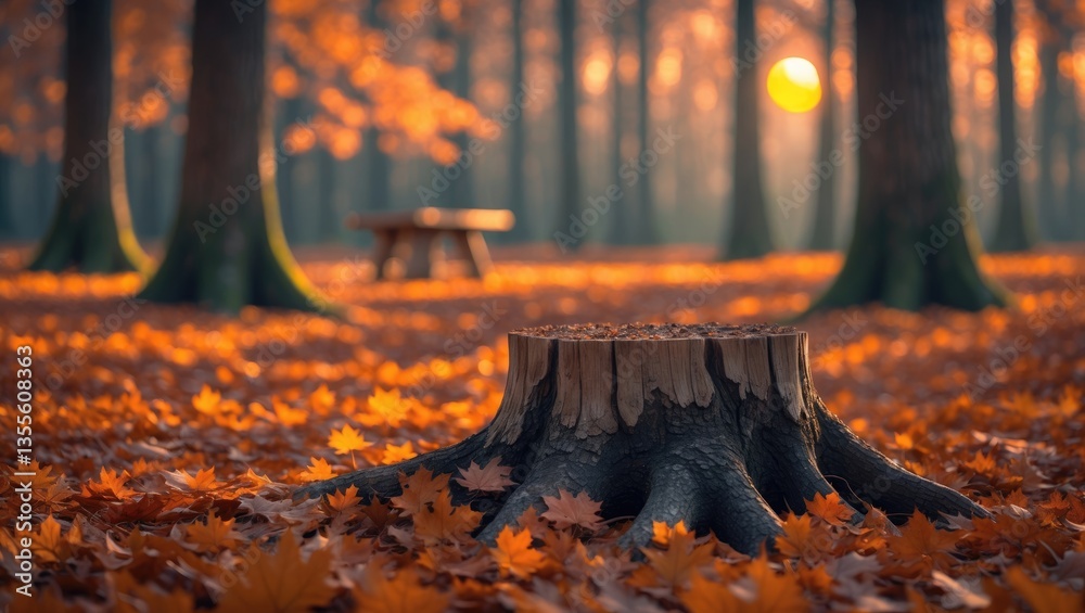 Poster autumn foliage on the ground with a wooden table and forest background. space available for products