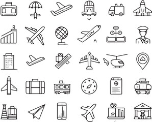 Aviation and Airport Line Icons Set Editable Stroke Vector for Transport and Travel