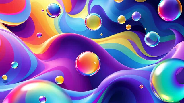 Abstract 3D Wavy with Bubbles: An energetic and playful image bursting with vibrant colours and fluid, abstract forms. Transparent orbs add depth and intrigue.