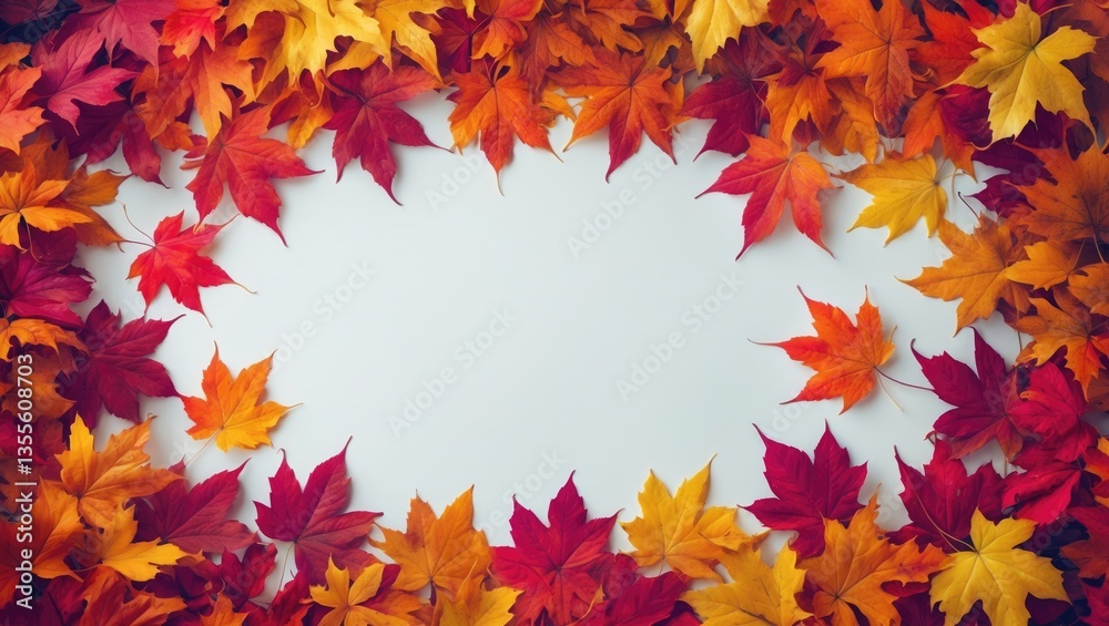 Poster Colorful autumn maple tree leaves forming an amazing background with a blank white space. Multicolored maple leaves backdrop. High-resolution picture of quality.