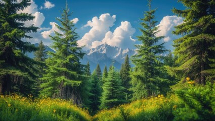 Stunning pine trees in front of towering mountains.