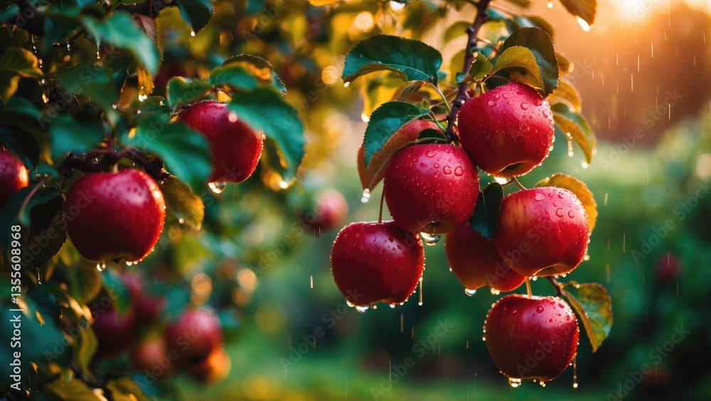 Poster autumn day. rural garden. the frame features ripe red apples hanging from a tree. it's raining.