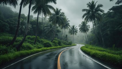 A peaceful road winds through a lush and vibrant green forest. The tranquil setting is filled with fresh foliage and calmness, ideal for nature and travel themes.