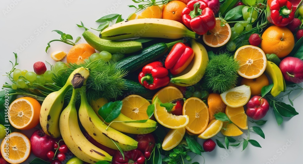 Poster assorted fresh ripe fruits and vegetables arranged together. background of food concept. view from a