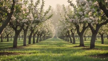Naklejka premium Blossoming apple orchard during springtime. Retro filter applied. Beauty in nature.