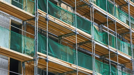 Scaffolding wrapped in green protective netting surrounding a tall residential tower.