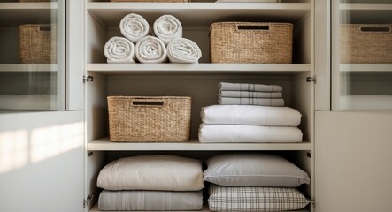Neatly arranged bed linens closet on shelves with copy space for domestic textile minimalism and comfortable storage. Rolled towels in a straw basket, duvet cover, sheet, and plaid pillow in the cu...