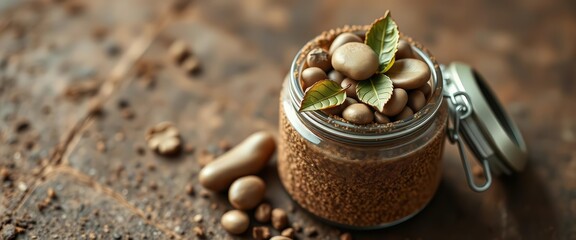 Earthy textured jar mockup; lid adorned with pebbles & leaves, beauty, natural