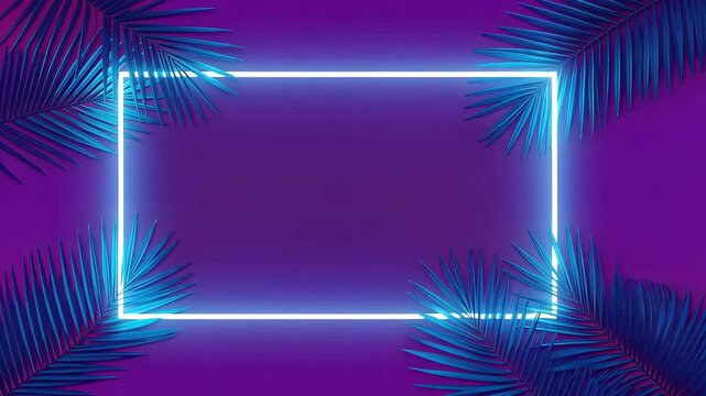 Neon Palm Frame: A vibrant, eye-catching neon frame, encircled by lush palm fronds against a backdrop of deep, inviting hues.