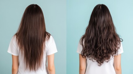 Fototapeta premium Straight-Wavy Hair Transition Back View, Light Blue Backdrop