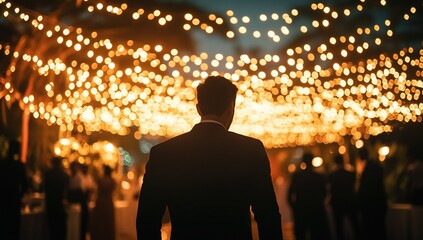 Man in Dark Suit at Night Outdoor Party with Golden String Lights