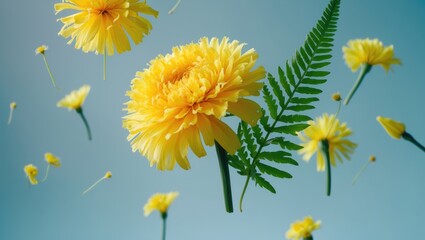 A stunning depiction of yellow dandelion flowers in spring soaring through the air against a pastel backdrop. Levitation concept. High-resolution image.