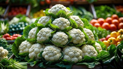 Fototapeta premium A close-up view of a white cauliflower head, showcasing its densely packed florets and textured surface, encircled by vibrant green leaves, emphasizing its freshness and natural appeal.