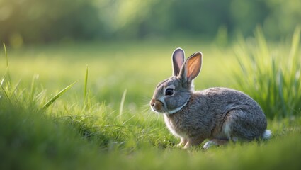 Fototapeta premium A charming gray rabbit sitting on green grass during a warm summer day.
