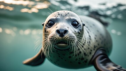 Fototapeta premium A Harbour seal gazing directly at the camera while submerged in the water.