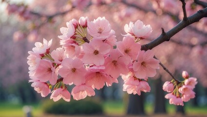 Obraz premium A cluster of soft pink blossoms decorates a tree branch, highlighting beauty. The delicate pink petals are in full bloom, offering a gentle contrast against the blurred backdrop.