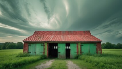 Obraz premium A vibrant shed that was formerly a chalk factory, now abandoned beneath a cloudy sky.