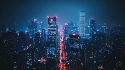 Fototapeta premium Night City Skyline with Aerial View.