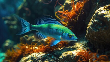 Obraz premium A vibrant aluterus scriptus, commonly called the scribbled filefish, blends in among the coral reef.