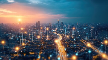 Obraz premium Tech-driven real estate development incorporating digital infrastructure and IoT-connected buildings.